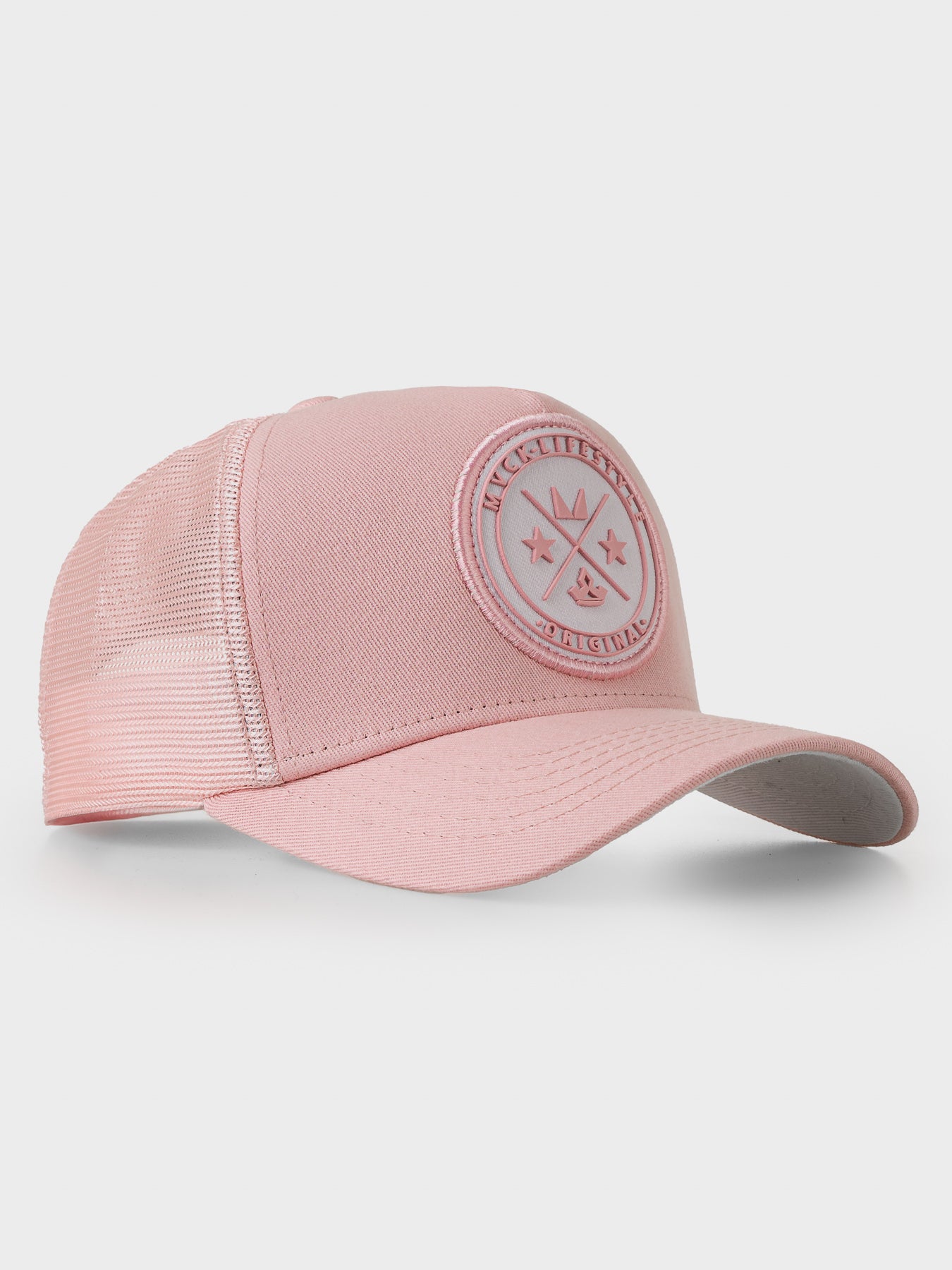Boné Trucker Brasão Rosa e Branco MVCK