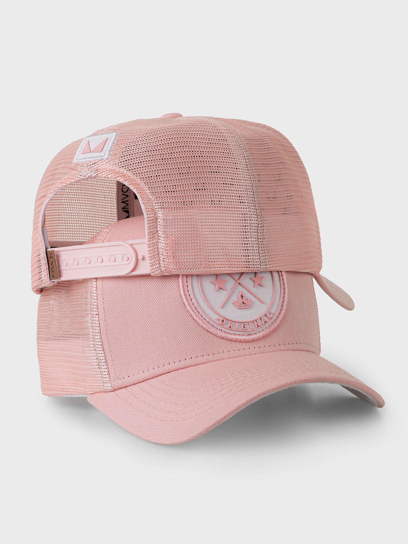 Boné Trucker Brasão Rosa e Branco MVCK