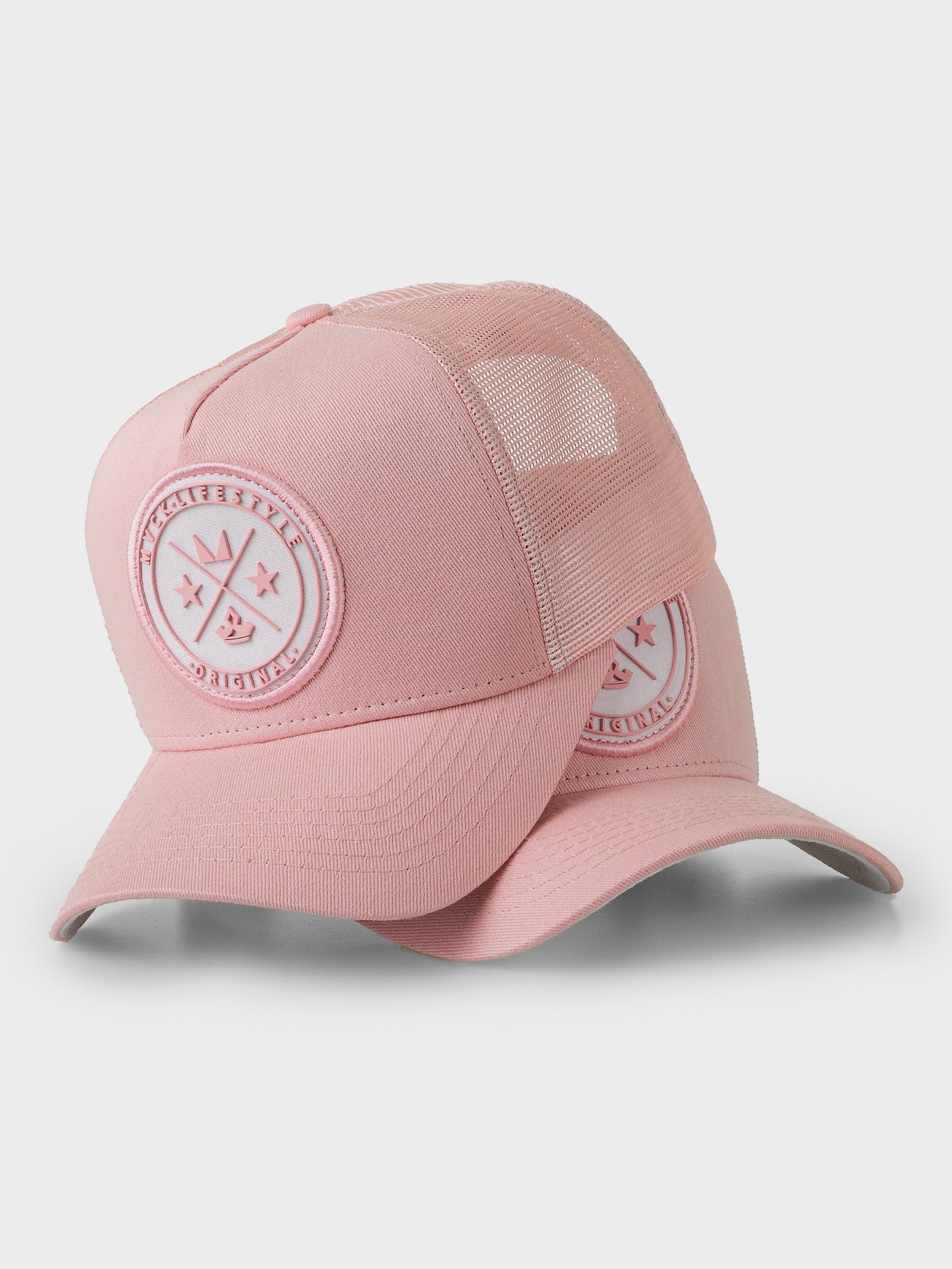 Boné Trucker Brasão Rosa e Branco MVCK