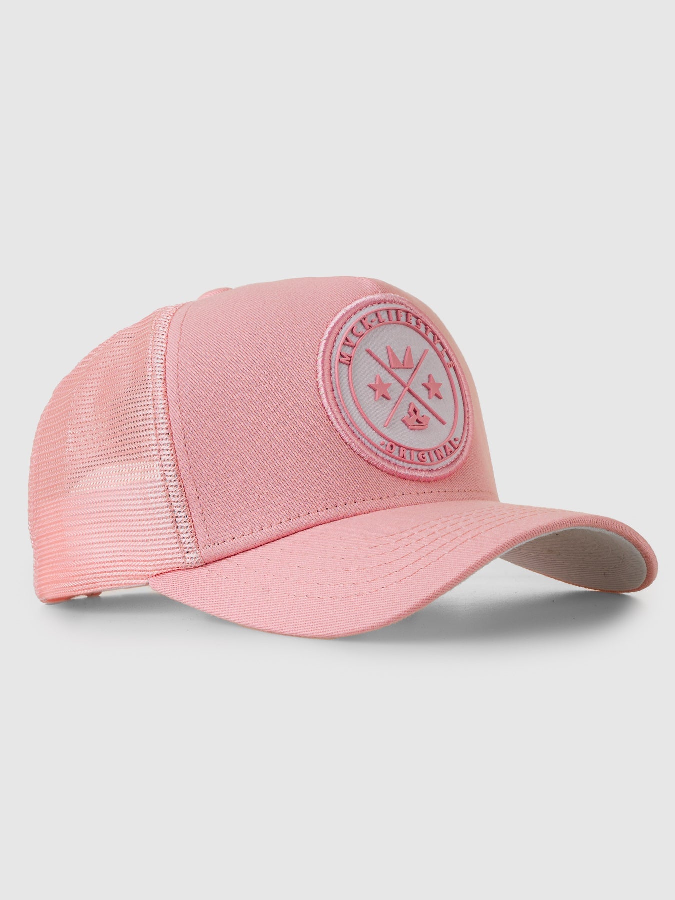 Boné Trucker Brasão Rosa e Branco MVCK