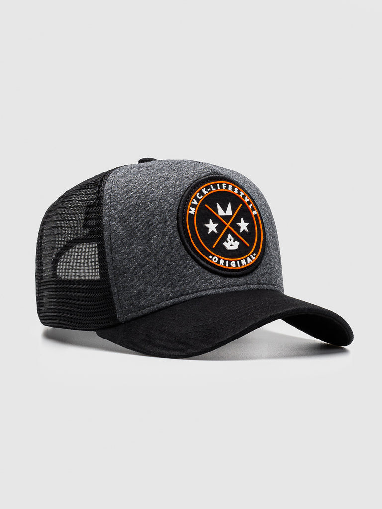 Boné Trucker Brasão Mescla e Laranja MVCK