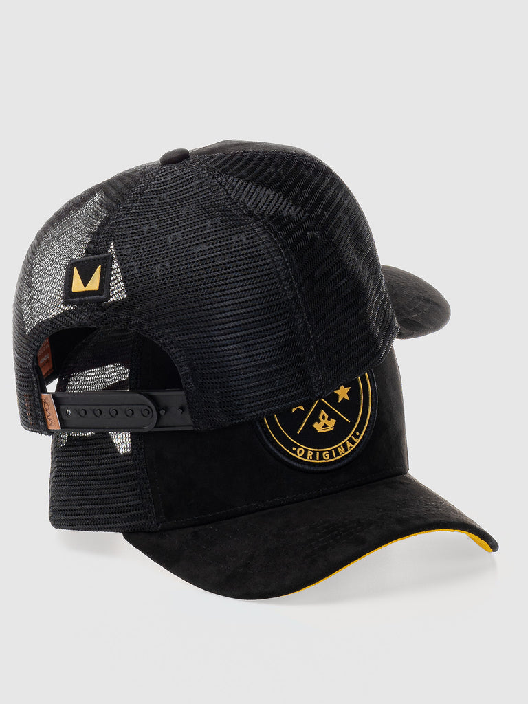 Boné Trucker Brasão Camurça Preto e Amarelo MVCK